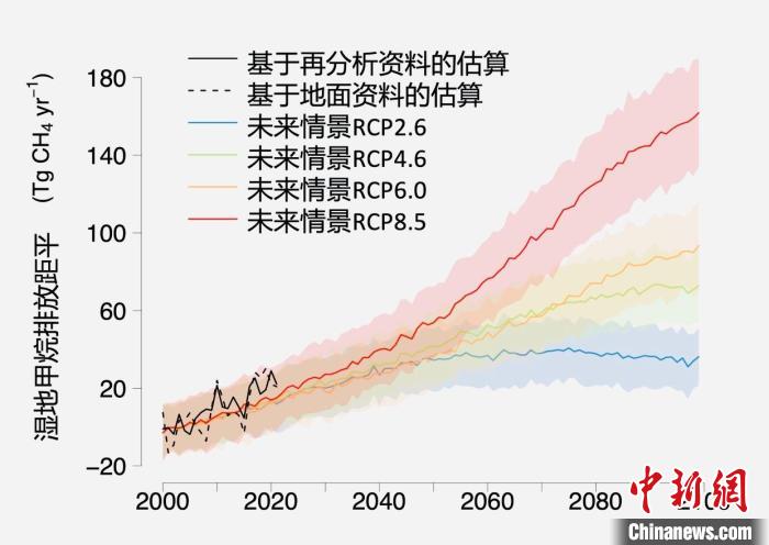 基于觀測的濕地甲烷排放變化與未來氣候變化情景下估算的對比。　中科院青藏高原所 供圖