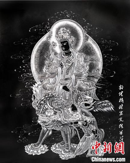 圖為朱增平創(chuàng)作的鍥金畫《敦煌榆林窟文殊菩薩》。(資料圖) 受訪者供圖