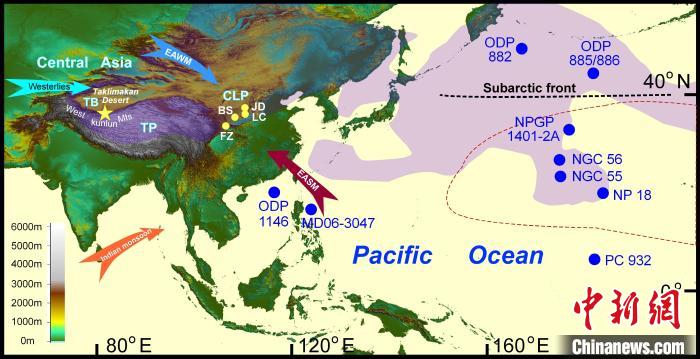 塔里木沙塵傳輸至北太平洋的路徑(陰影區(qū))及西昆侖山黃土巖芯位置(五角星)。　中科院青藏高原所 供圖