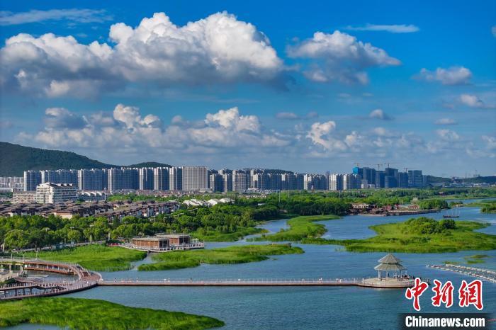 資料圖：航拍蘇州太湖湖濱國家濕地公園，藍天碧水生態(tài)美。 泱波 攝