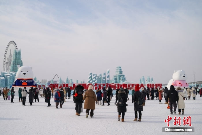 1月4日，第25屆哈爾濱冰雪大世界內(nèi)的冰雕吸引游客觀看。白天的冰雪大世界，游客仿佛置身現(xiàn)實版“冰雪奇緣”。<a target='_blank' href='/'><p  align=