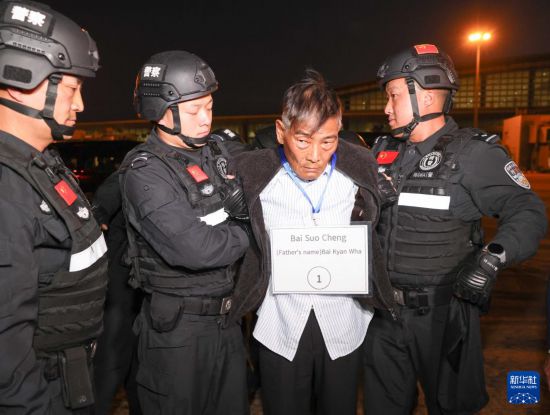 1月30日，在緬甸內(nèi)比都國際機場，緬甸警方依法向我公安機關(guān)移交緬北重大犯罪嫌疑人白所成。新華社記者 殷剛 攝