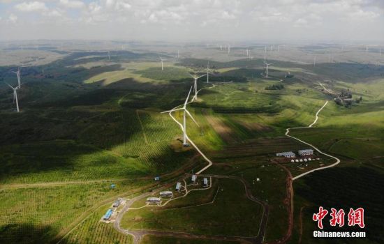 6月28日，河北張家口張北草原上大片風力發(fā)電的“風車”規(guī)模宏大。 中新社記者 楊艷敏 攝