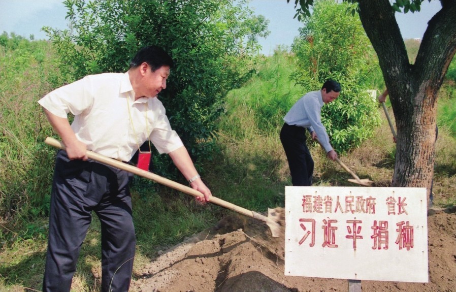 2001年10月，習(xí)近平在龍巖市長(zhǎng)汀縣調(diào)研水土流失治理工作，在河田世紀(jì)生態(tài)園為樹(shù)培土。圖源：《習(xí)近平在福建（下）》