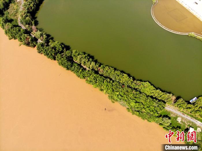 圖為2020年9月3日航拍黃河蘭州段濕地公園現(xiàn)黃河“鴛鴦鍋”。(資料圖) 高瑩 攝