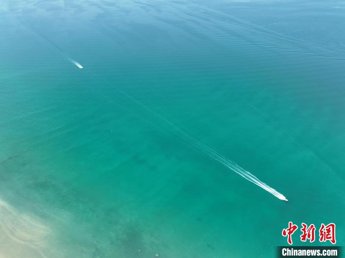 圖為航拍仲夏時節(jié)，青海湖湖水碧波蕩漾?！∑钤鲚?攝