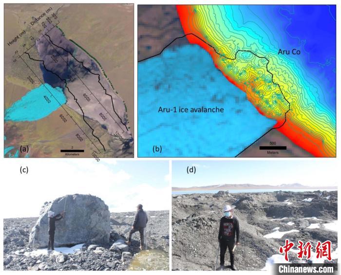 a。第一次冰崩在阿汝錯產生的巨大湖嘯；b。大量碎屑物質帶入阿汝錯，導致冰崩扇附近湖底地形產生顯著變化；c。冰體融化后冰崩扇上留下的巨石；d。大量碎屑物質。中科院青藏高原所 供圖
