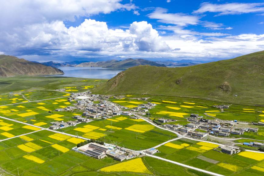 航拍道布龍村，依山傍水，阡陌縱橫。